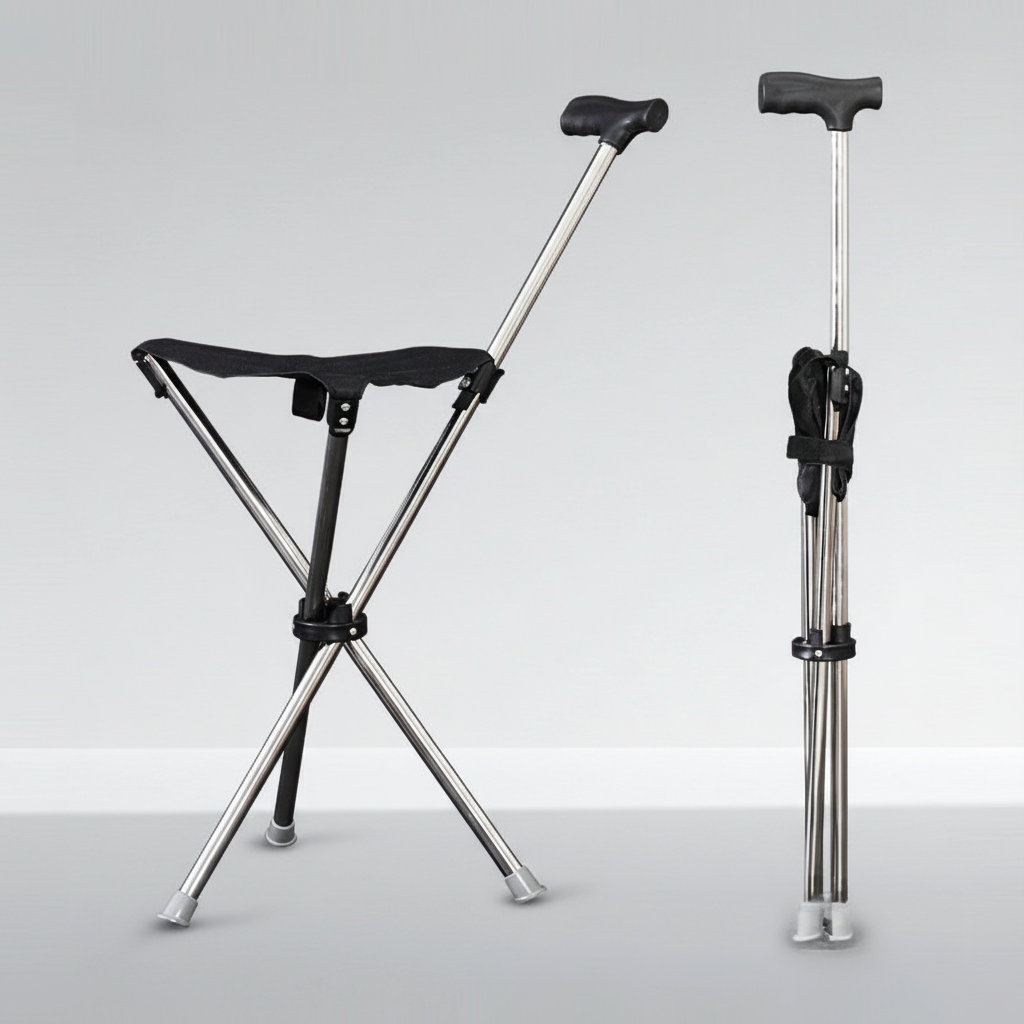 Foldable walking cane with convertible three-leg seat design