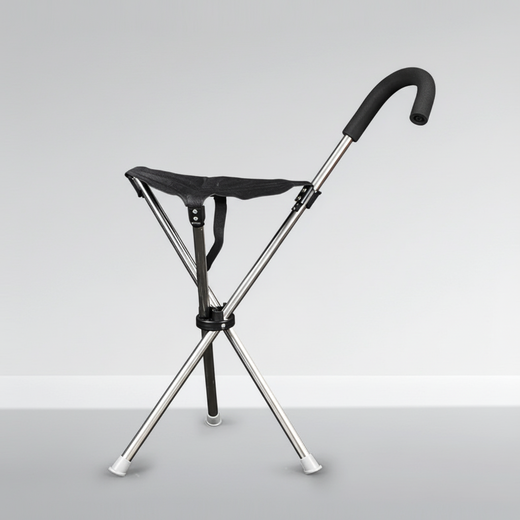 Foldable walking cane with convertible three-leg seat design