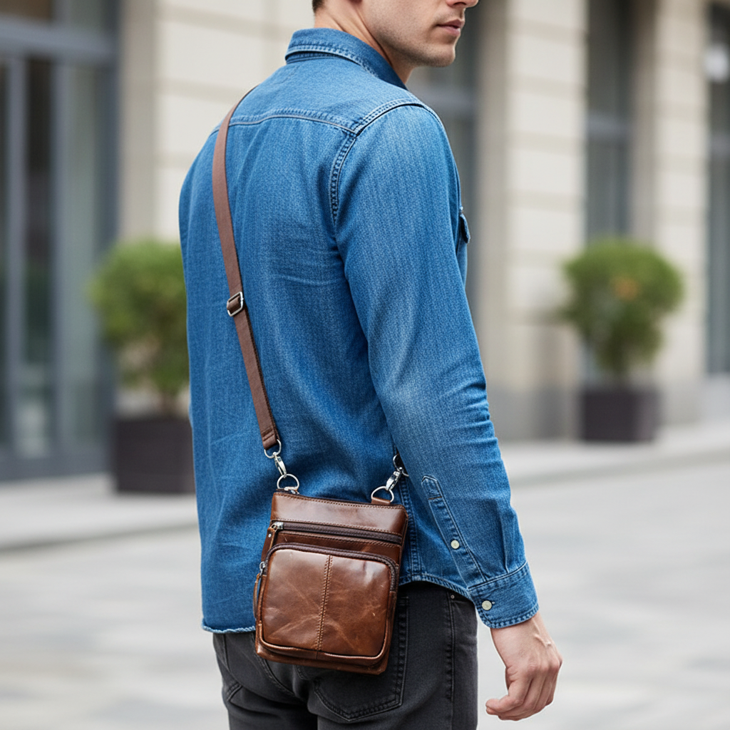 Small genuine leather crossbody messenger bag with vintage finish