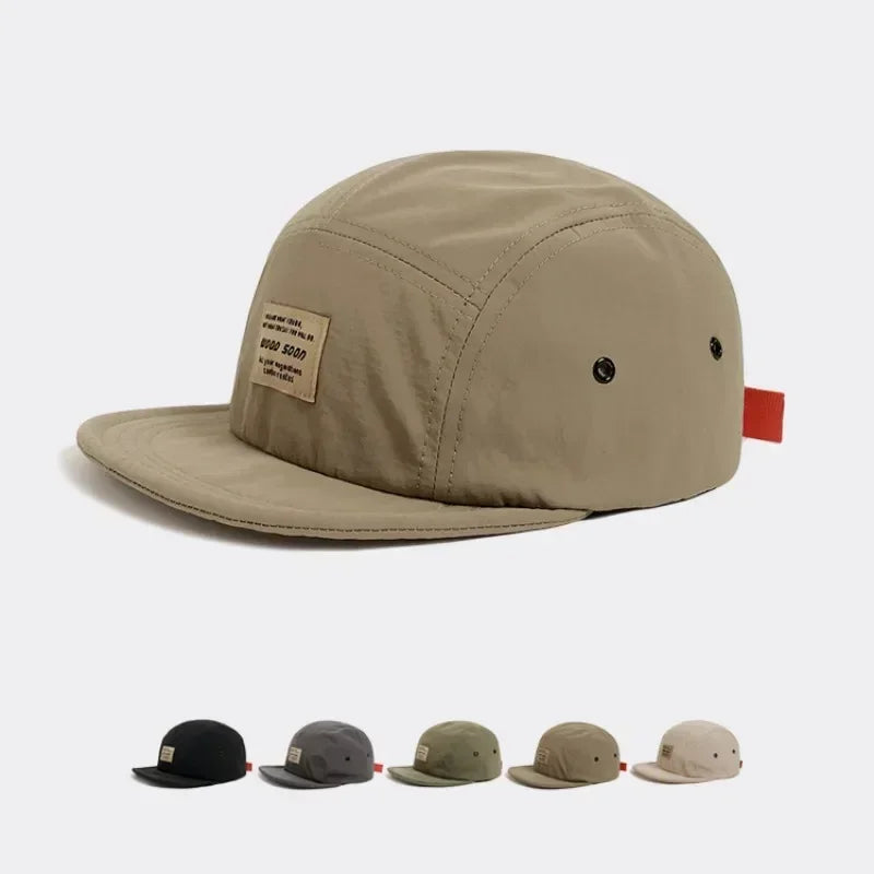 Five-panel short-brim cap packable breathable adjustable strap