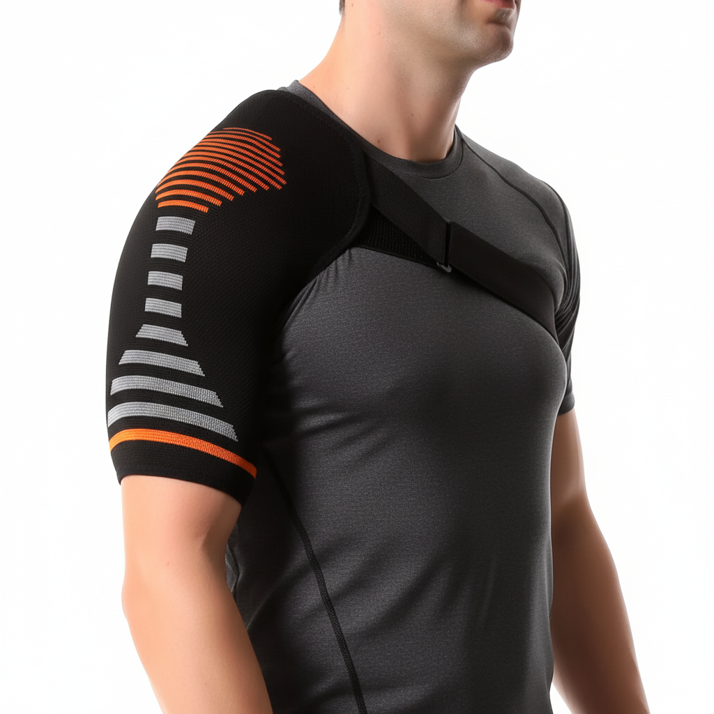 Compression shoulder support with adjustable stabilizing strap breathable