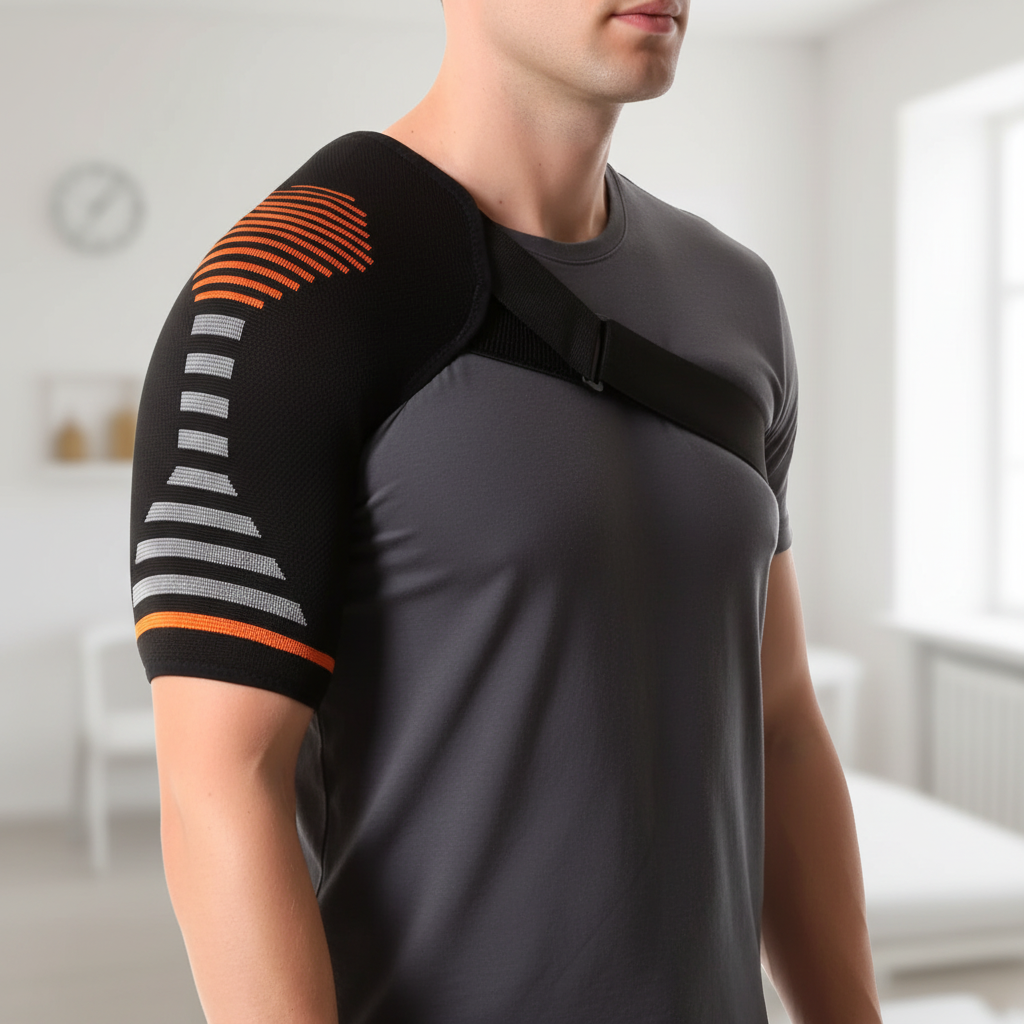 Compression shoulder support with adjustable stabilizing strap breathable