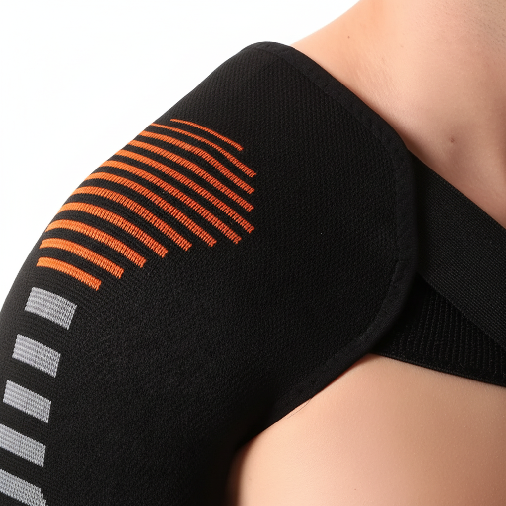 Compression shoulder support with adjustable stabilizing strap breathable