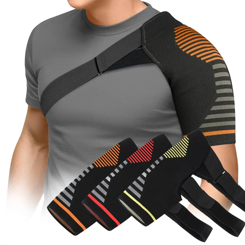 Compression shoulder support with adjustable stabilizing strap breathable