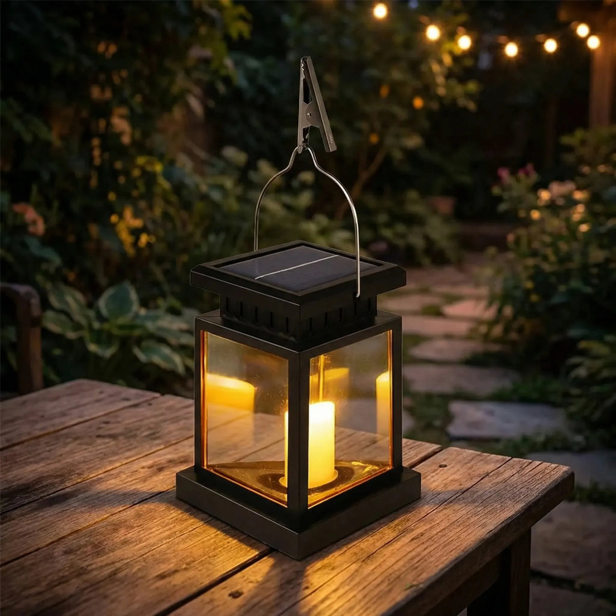 Solar-powered outdoor garden lantern with warm candle-effect glow
