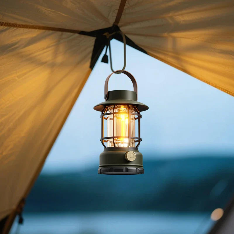 Portable LED camping lantern with 360-degree illumination and solar USB charging