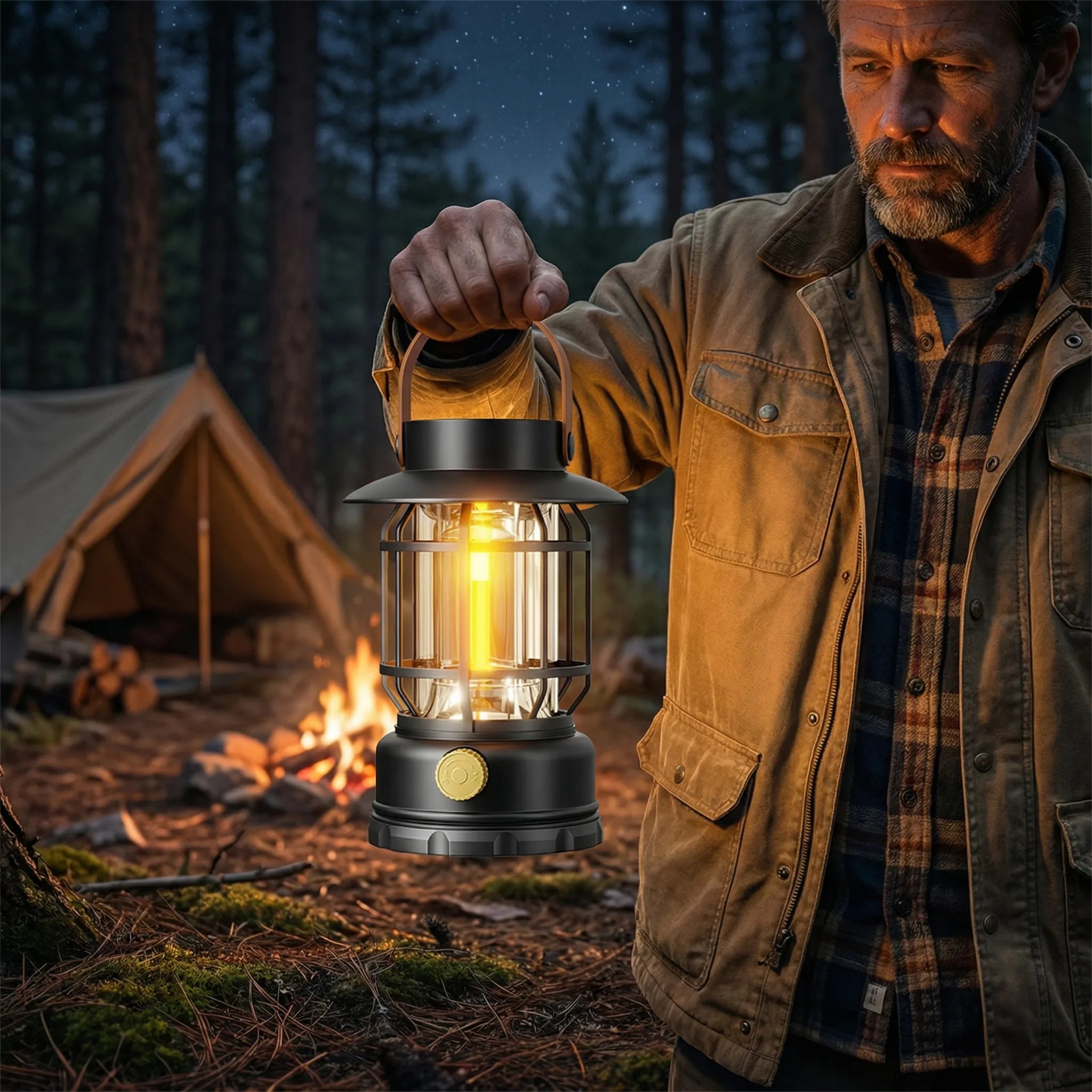 Portable LED camping lantern with 360-degree illumination and solar USB charging