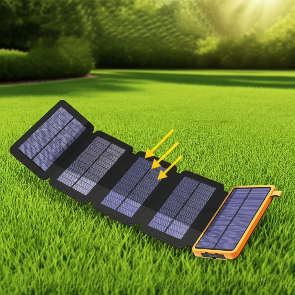 Foldable solar panel power bank with dual USB ports and wireless charging