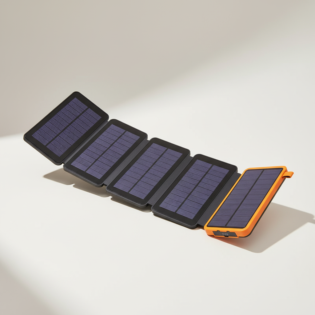 Foldable solar panel power bank with dual USB ports and wireless charging
