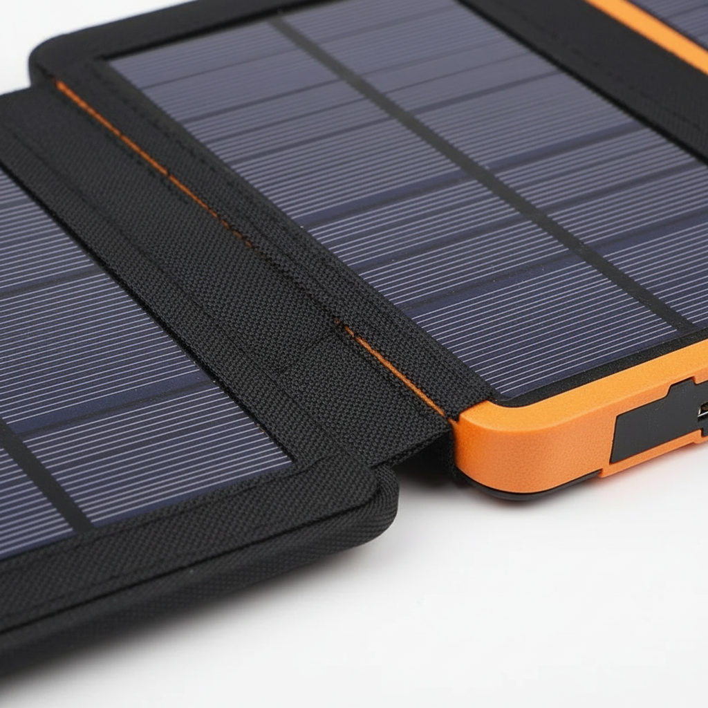 Foldable solar panel power bank with dual USB ports and wireless charging