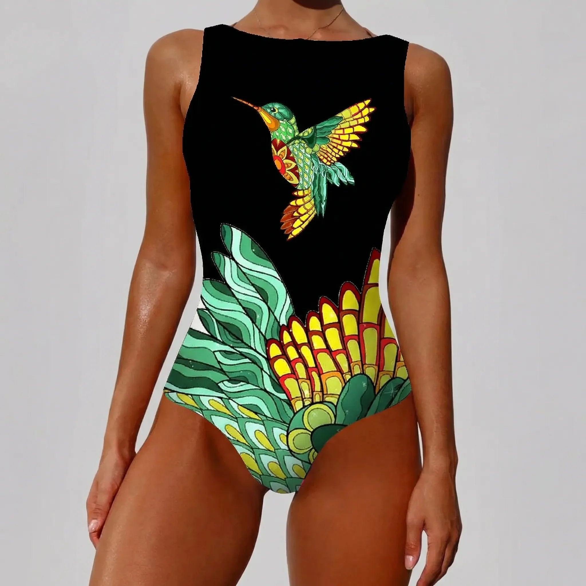 One-piece swimsuit with floral print and high neckline