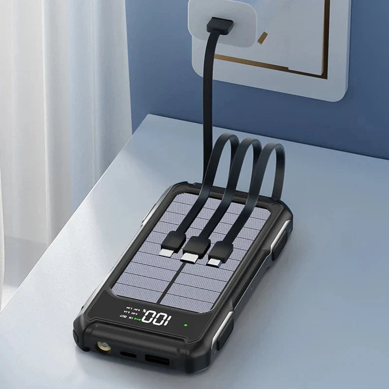 Solar power bank with built-in cables, fast charging, wireless charging capability