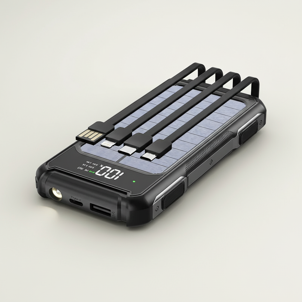Solar power bank with built-in cables, fast charging, wireless charging capability