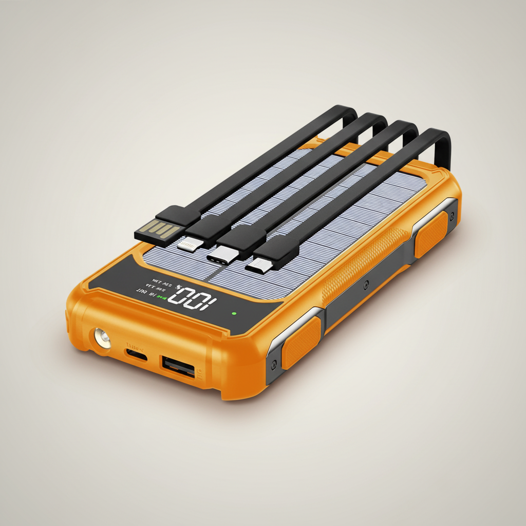Solar power bank with built-in cables, fast charging, wireless charging capability