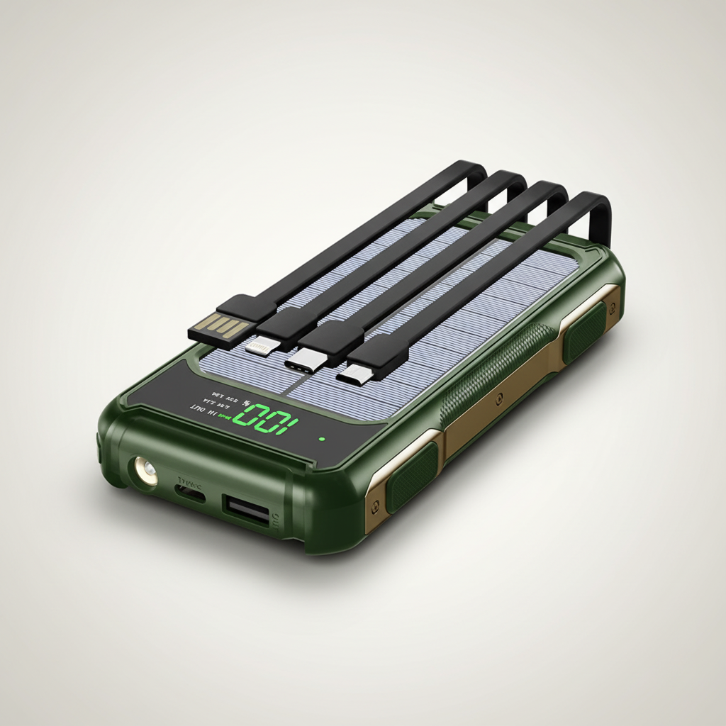 Solar power bank with built-in cables, fast charging, wireless charging capability