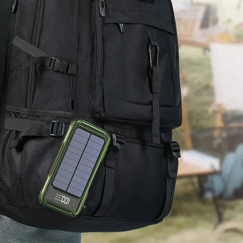 Solar power bank with built-in cables, fast charging, wireless charging capability