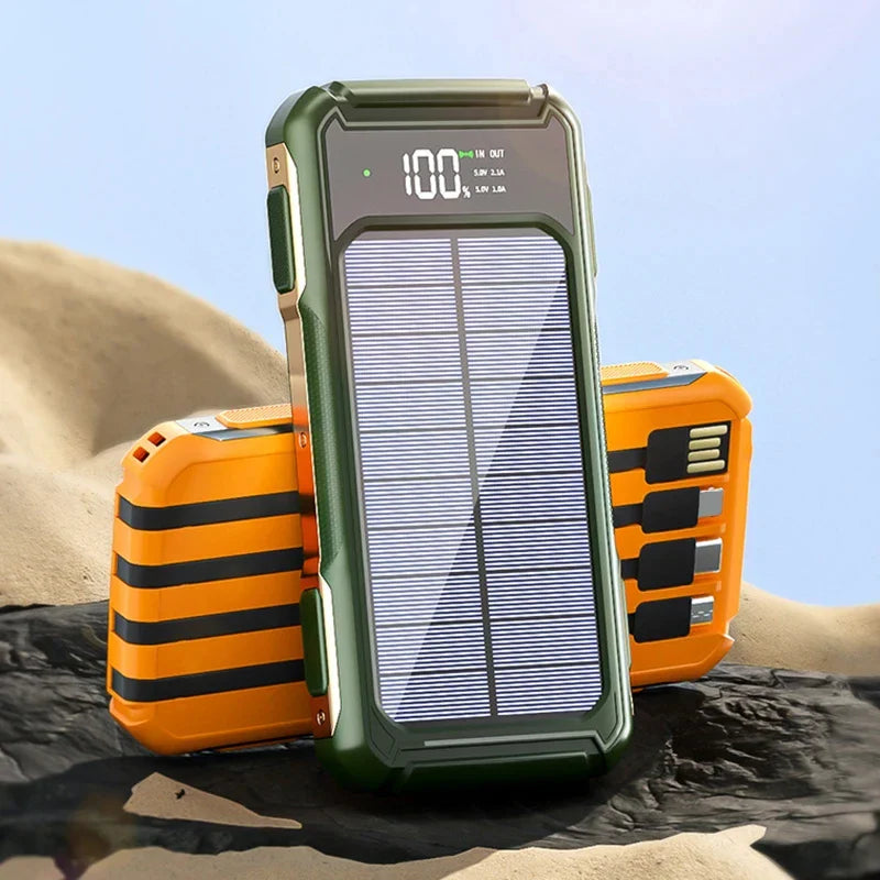 Solar power bank with built-in cables, fast charging, wireless charging capability
