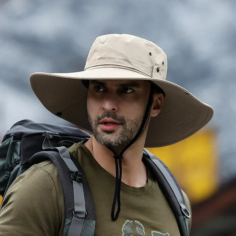 Wide-brim sun hat with ventilation eyelets and adjustable chin strap