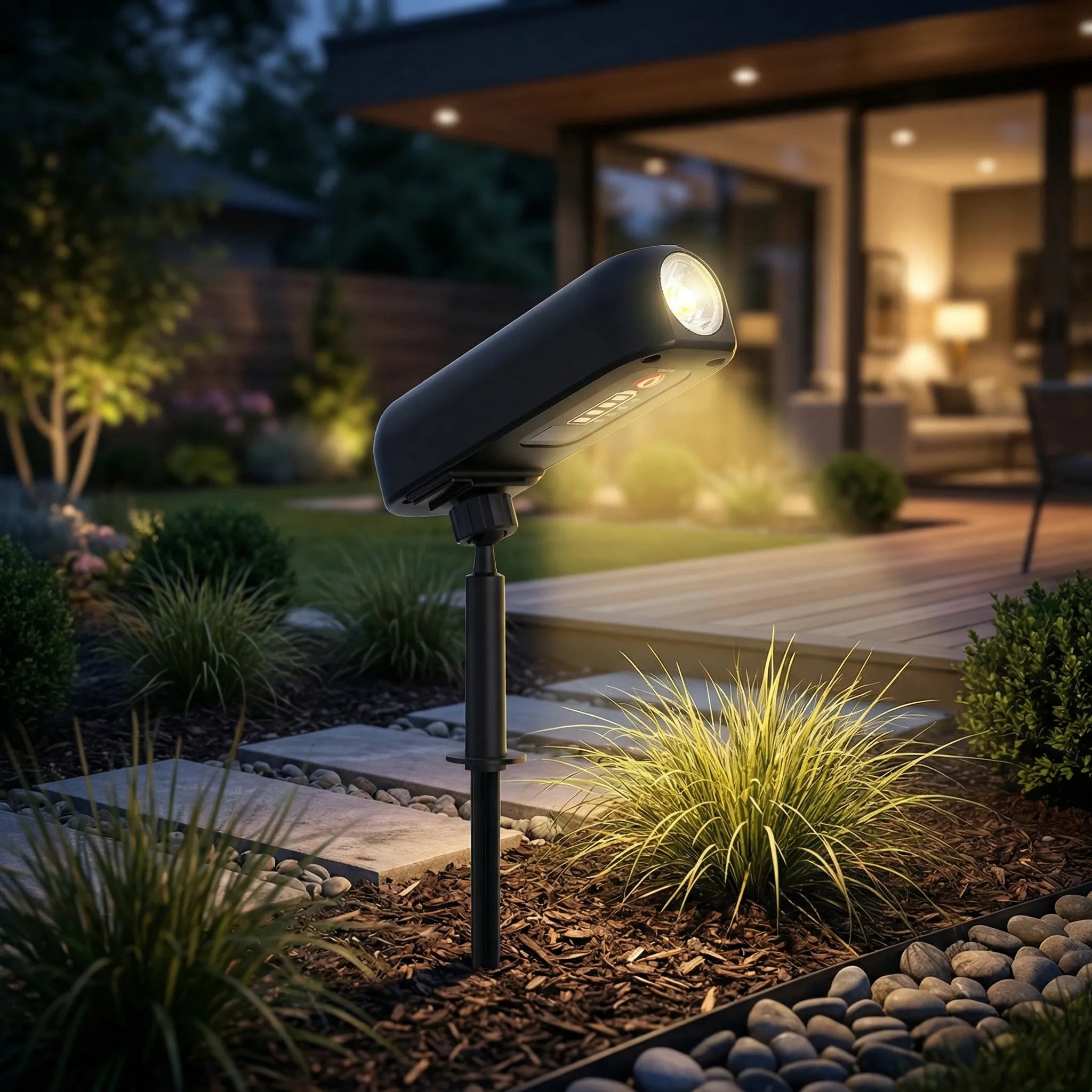 Solar-powered outdoor spotlight with adjustable beam and IP65 waterproof rating