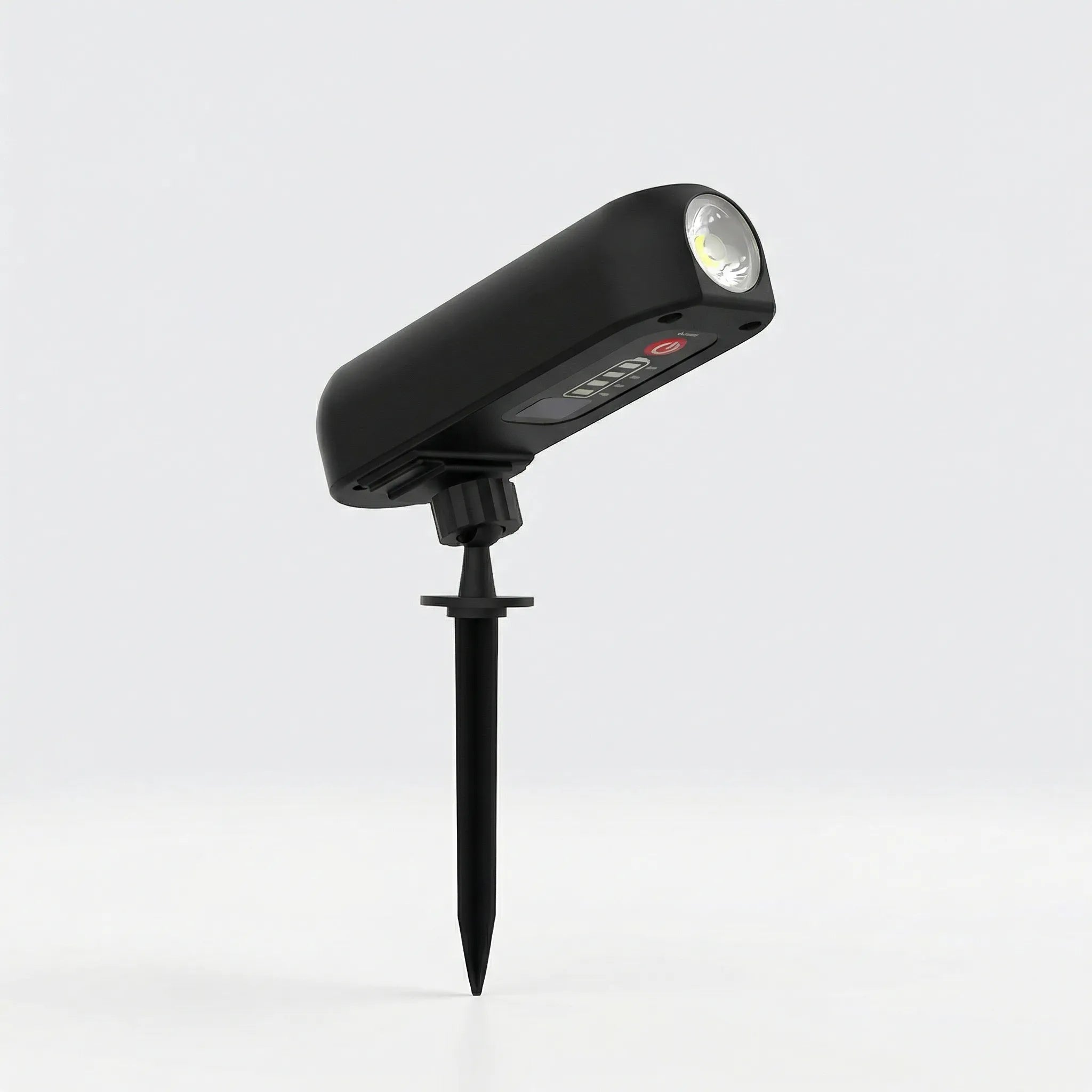 Solar-powered outdoor spotlight with adjustable beam and IP65 waterproof rating