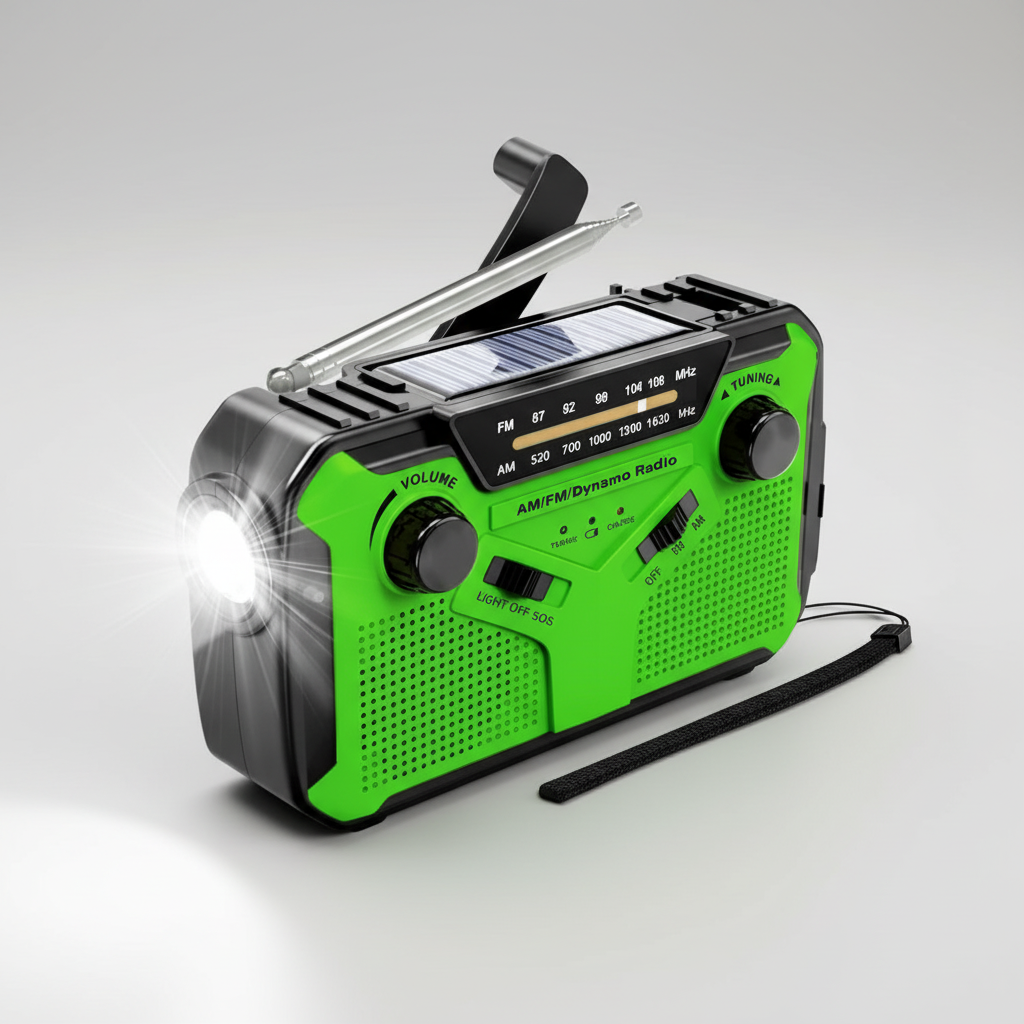 Hand crank emergency radio with solar charging and LED flashlight