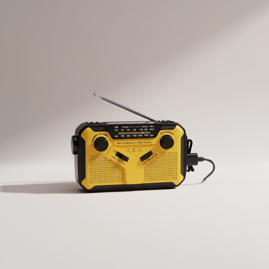 Hand crank emergency radio with solar charging and LED flashlight