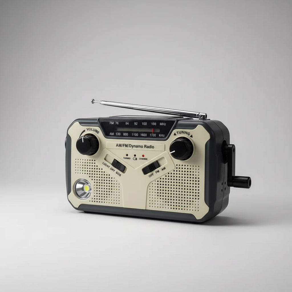 Hand crank emergency radio with solar charging and LED flashlight