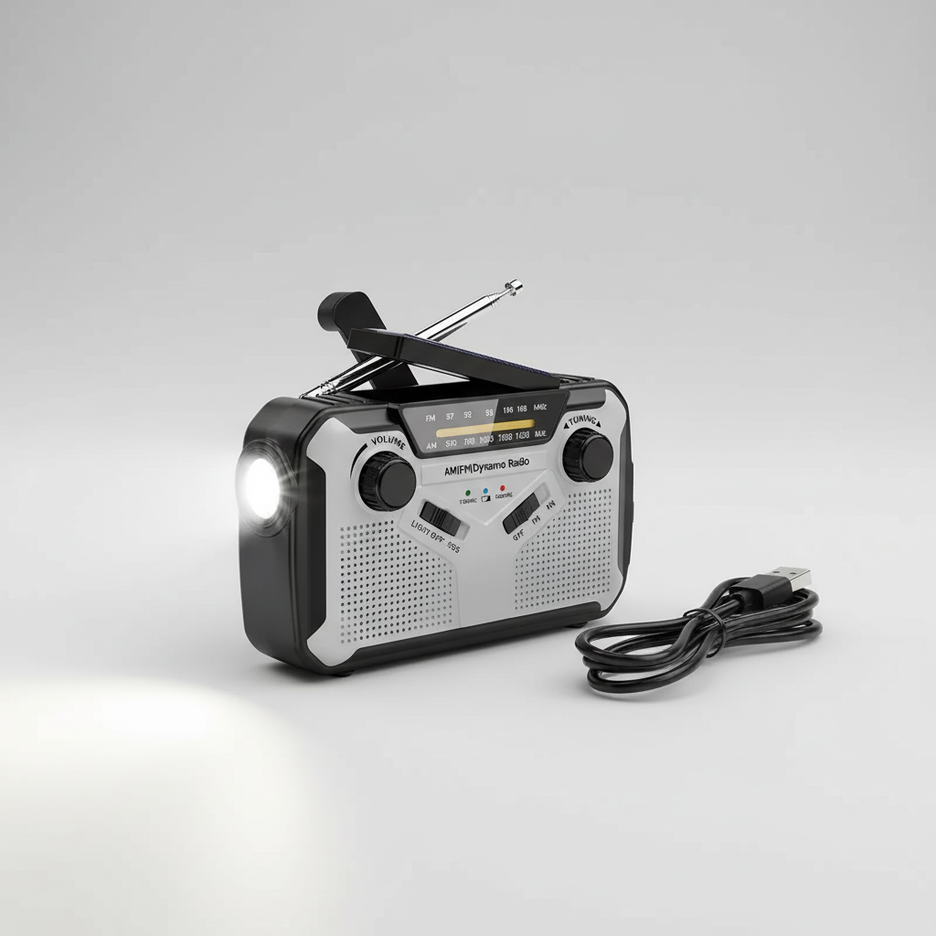 Hand crank emergency radio with solar charging and LED flashlight