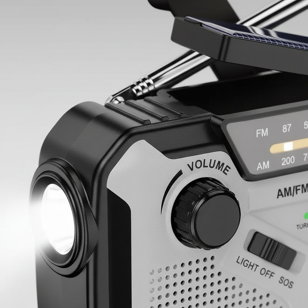 Hand crank emergency radio with solar charging and LED flashlight