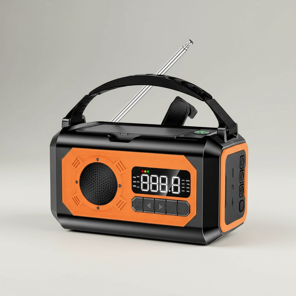 Portable emergency radio with solar panels and hand crank charging