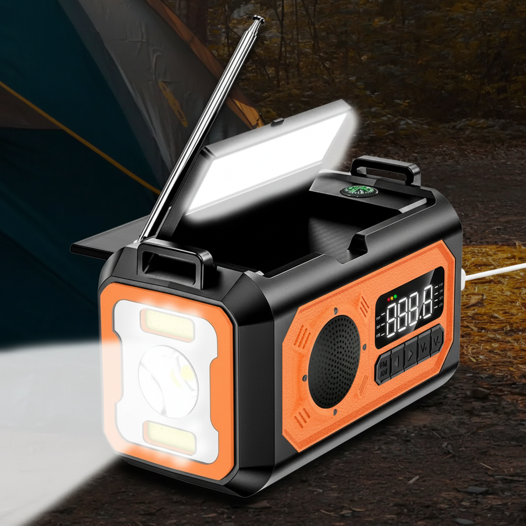 Portable emergency radio with solar panels and hand crank charging