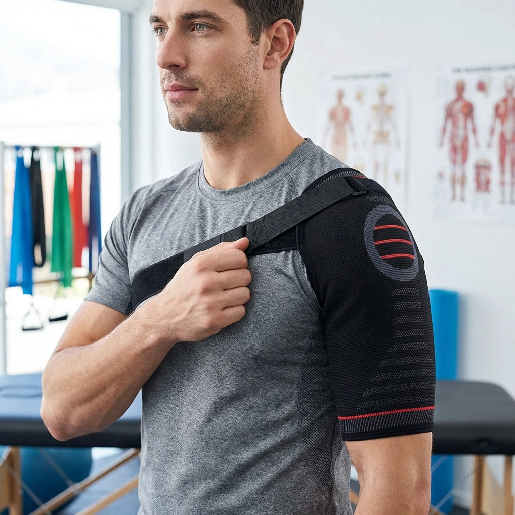 Adjustable shoulder brace with breathable stretch knit design for rotator cuff support