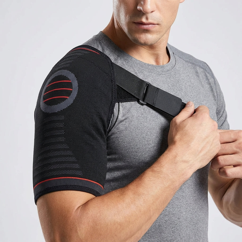 Adjustable shoulder brace with breathable stretch knit design for rotator cuff support