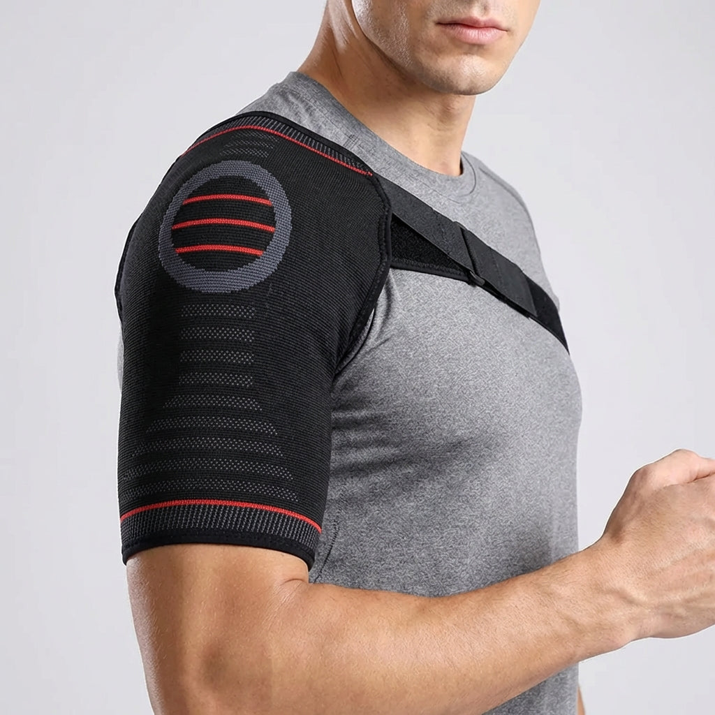 Adjustable shoulder brace with breathable stretch knit design for rotator cuff support