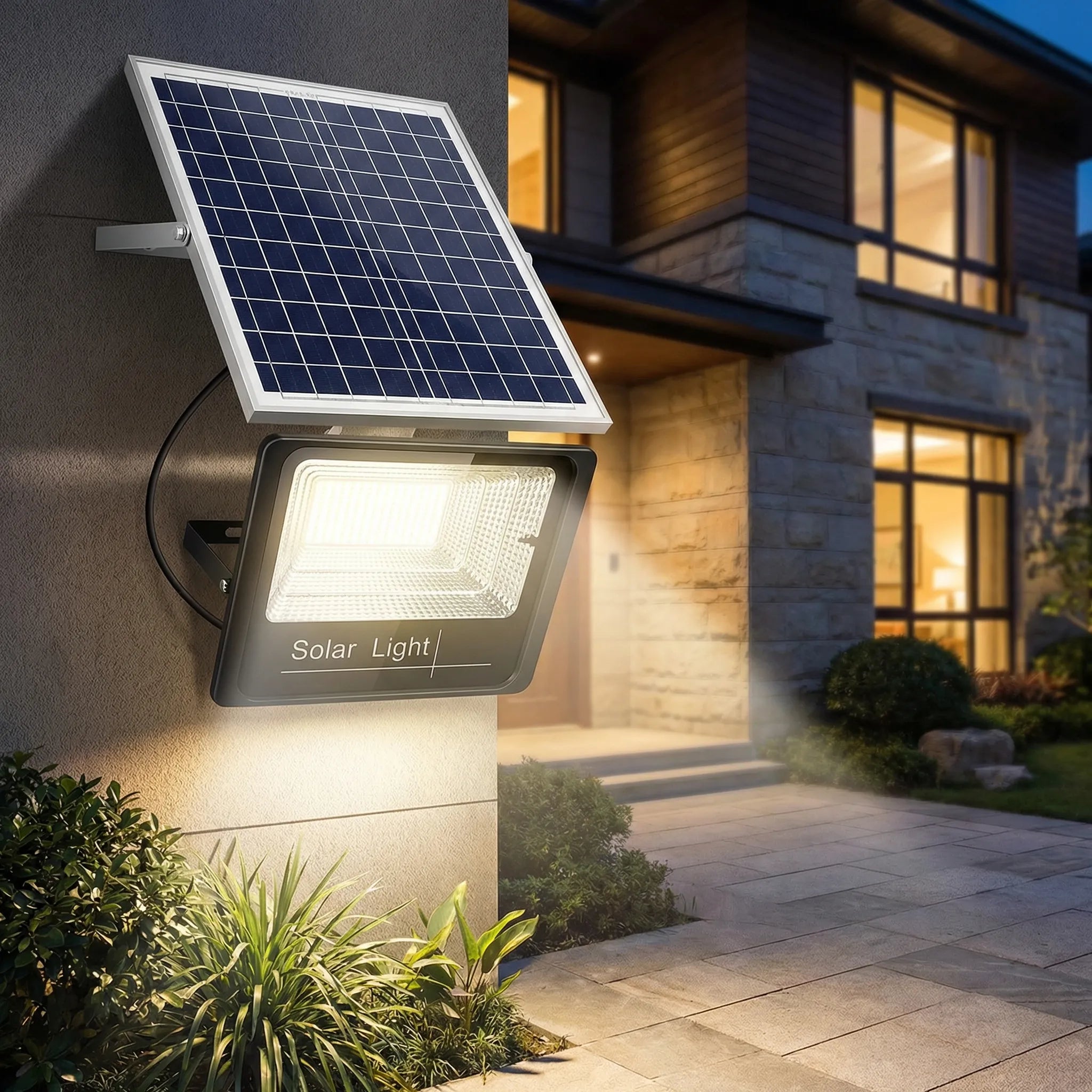Solar-powered outdoor flood light with remote control and adjustable angle