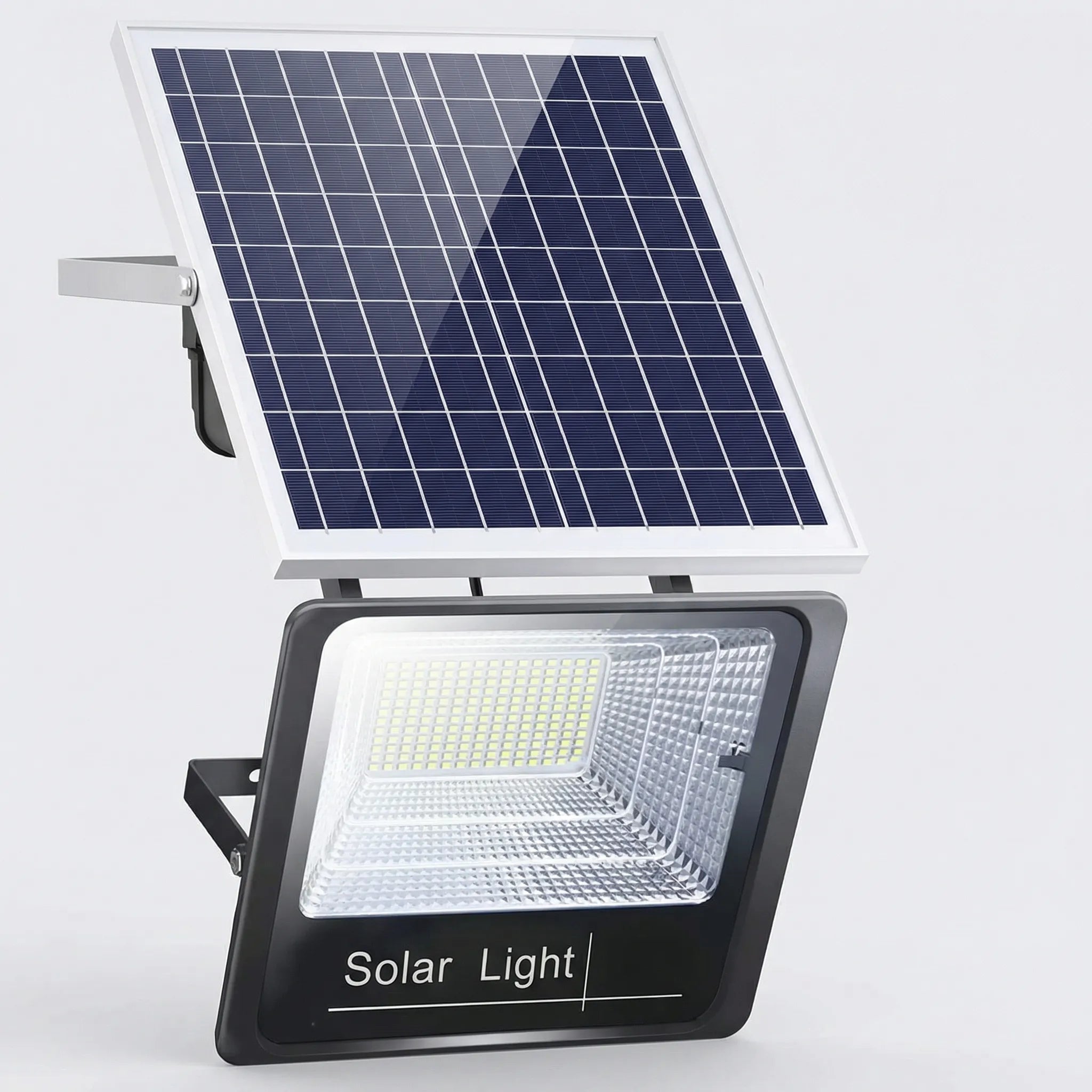 Solar-powered outdoor flood light with remote control and adjustable angle