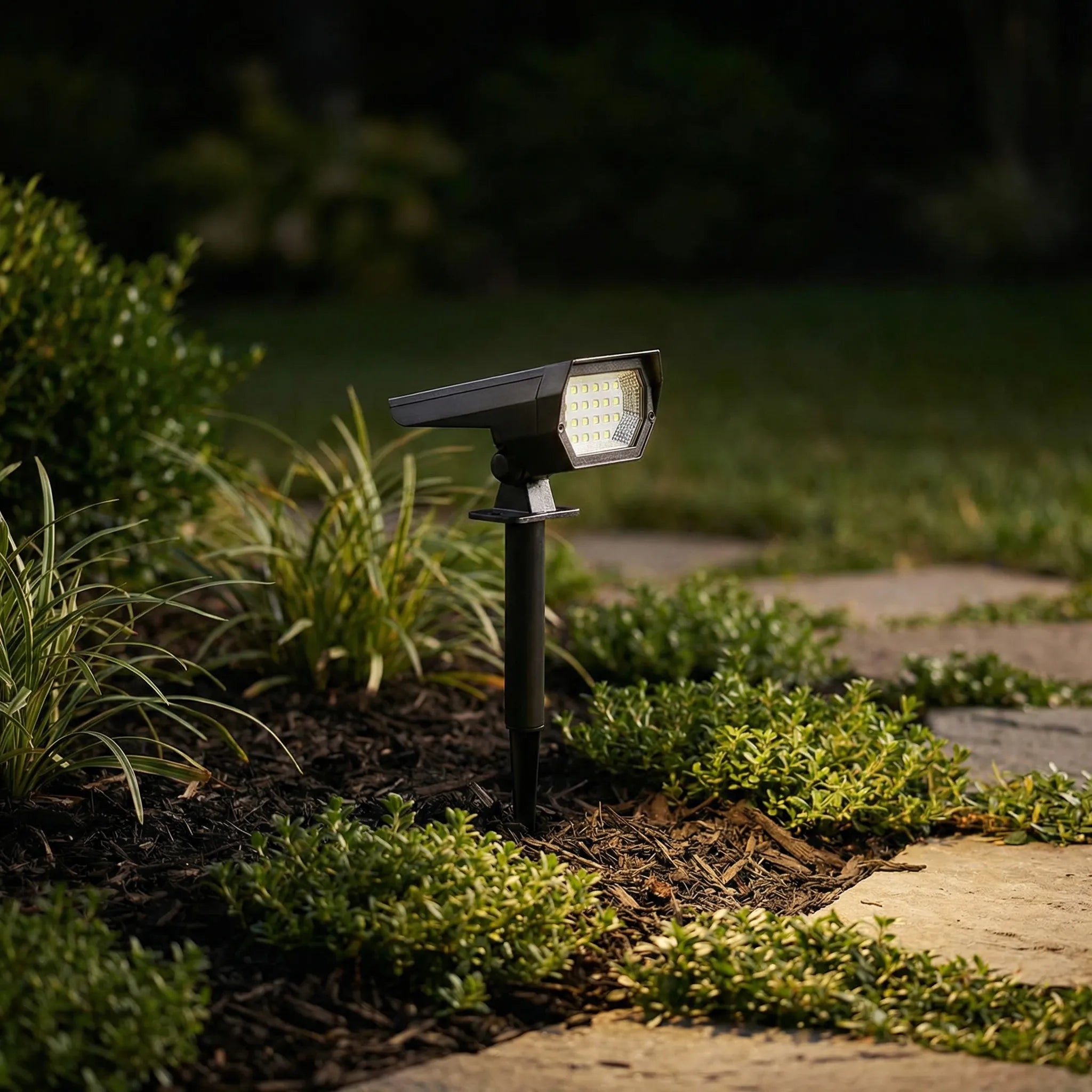 Solar-powered outdoor ground spotlight with 10 LED warm light and adjustable beam