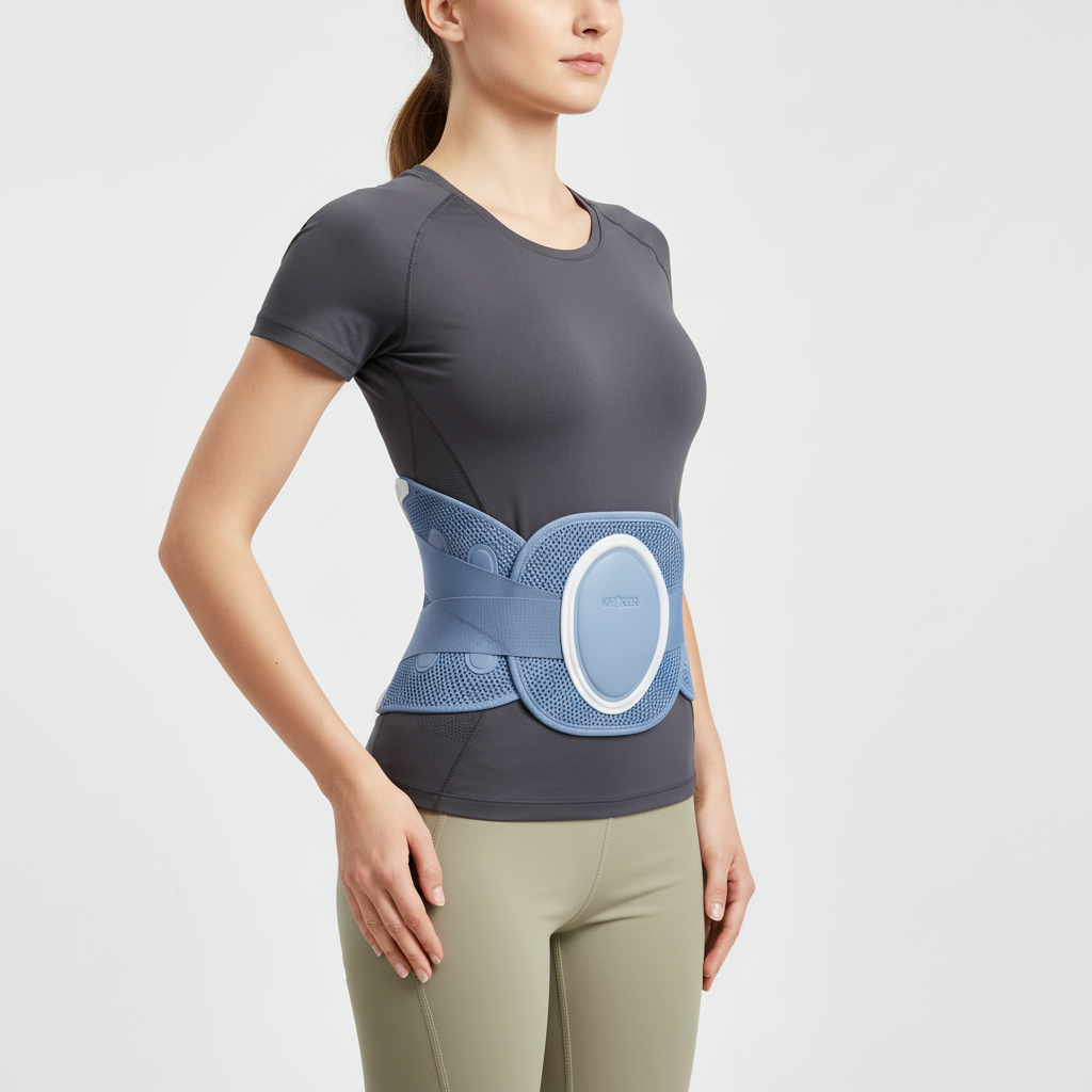 Adjustable lower back support with breathable mesh and dual-strap compression