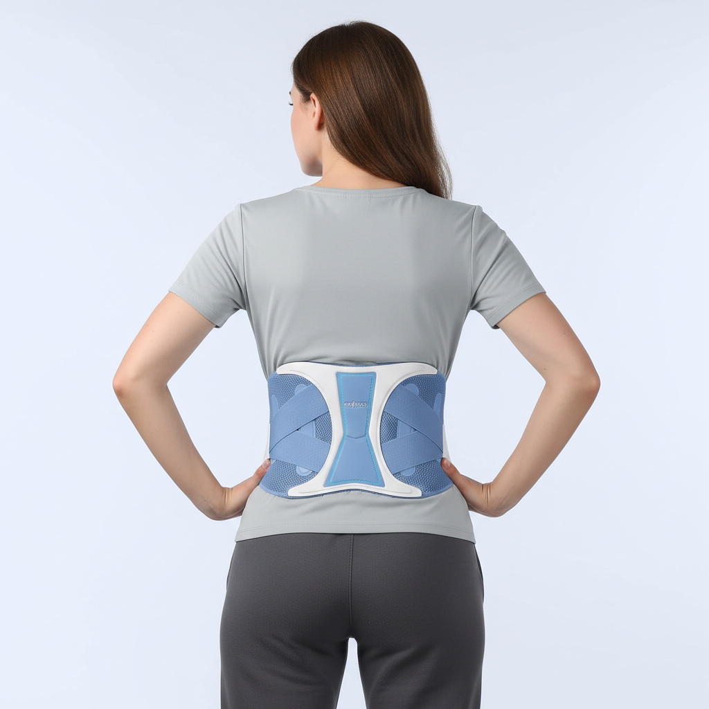Adjustable lower back support with breathable mesh and dual-strap compression