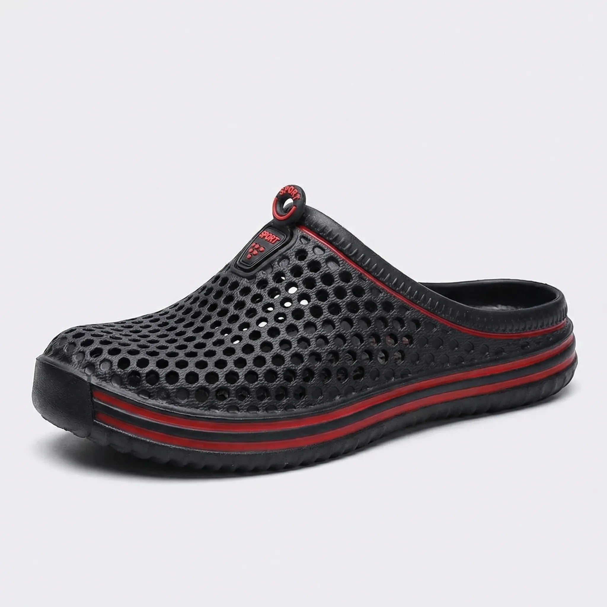 Perforated water sandals with slip-on design and quick-dry construction
