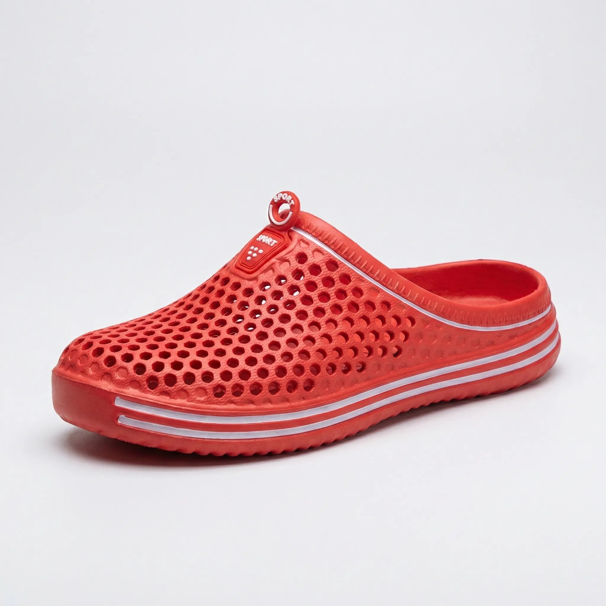 Perforated water sandals with slip-on design and quick-dry construction
