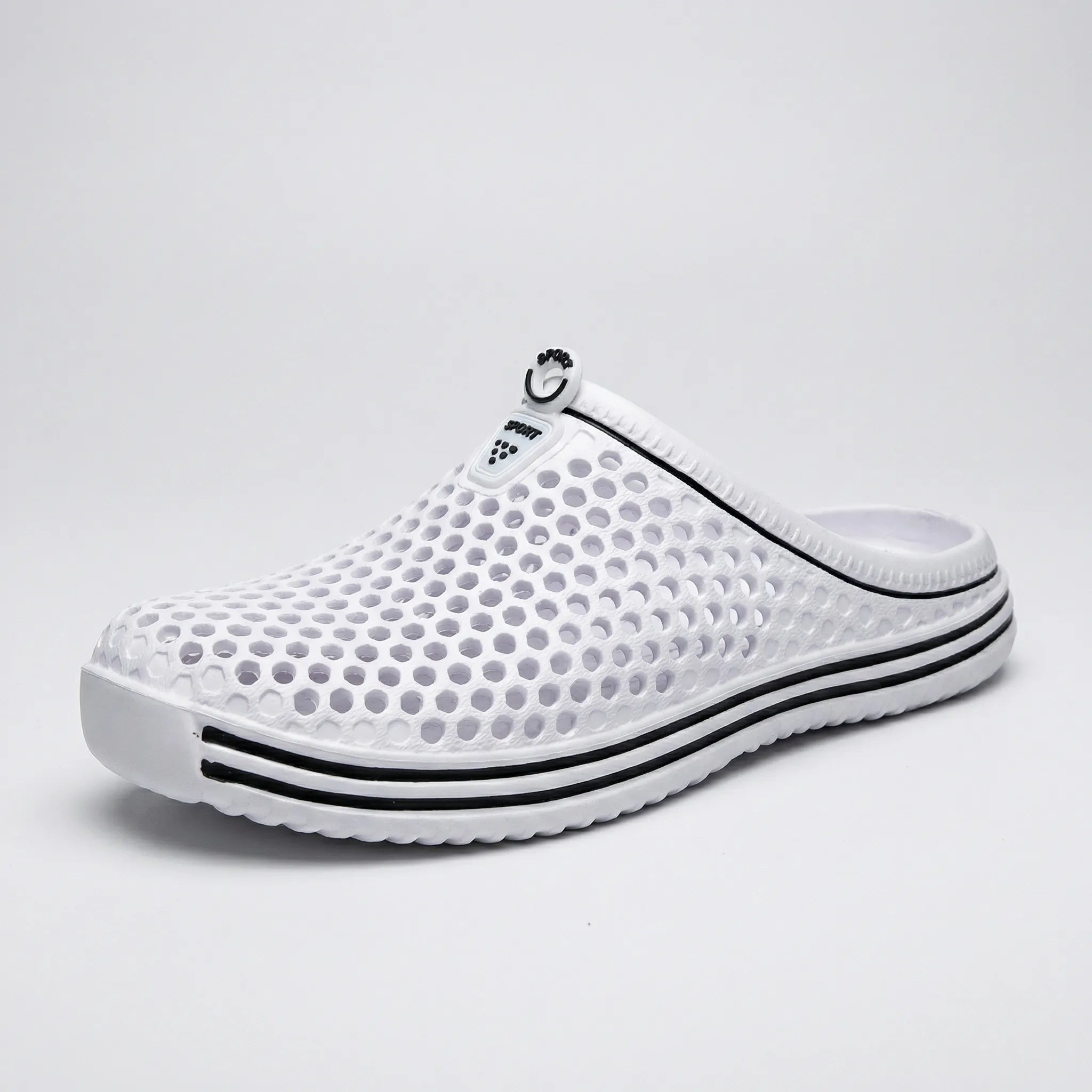 Perforated water sandals with slip-on design and quick-dry construction