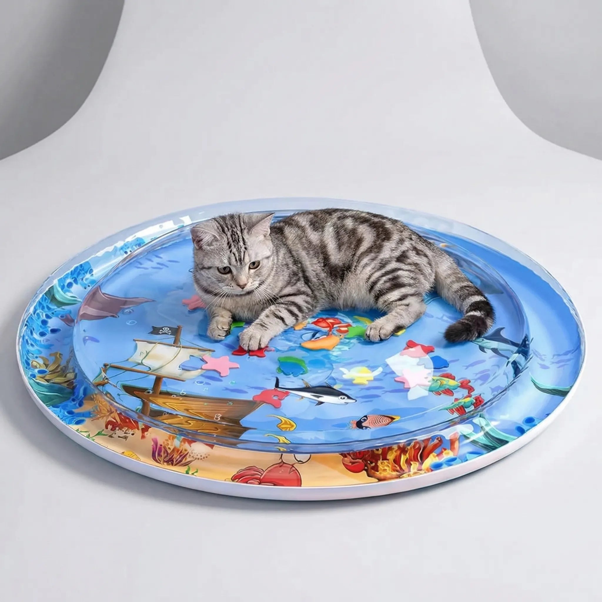Inflatable water sensory play mat with ocean print design for cats and babies