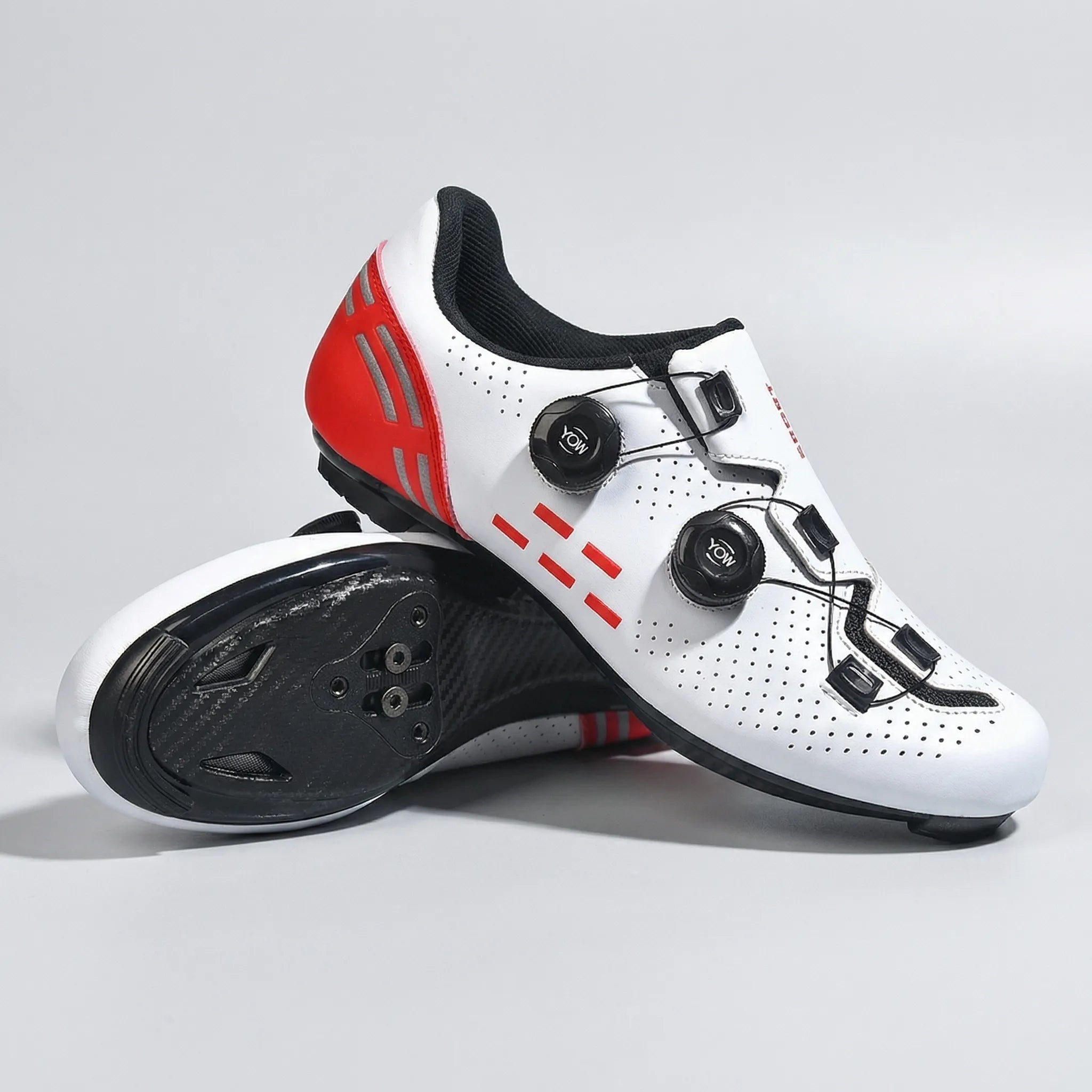 Dual-dial cycling shoe with perforated upper and non-slip sole for road and mountain biking
