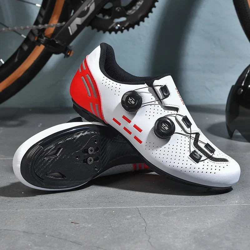 Dual-dial cycling shoe with perforated upper and non-slip sole for road and mountain biking