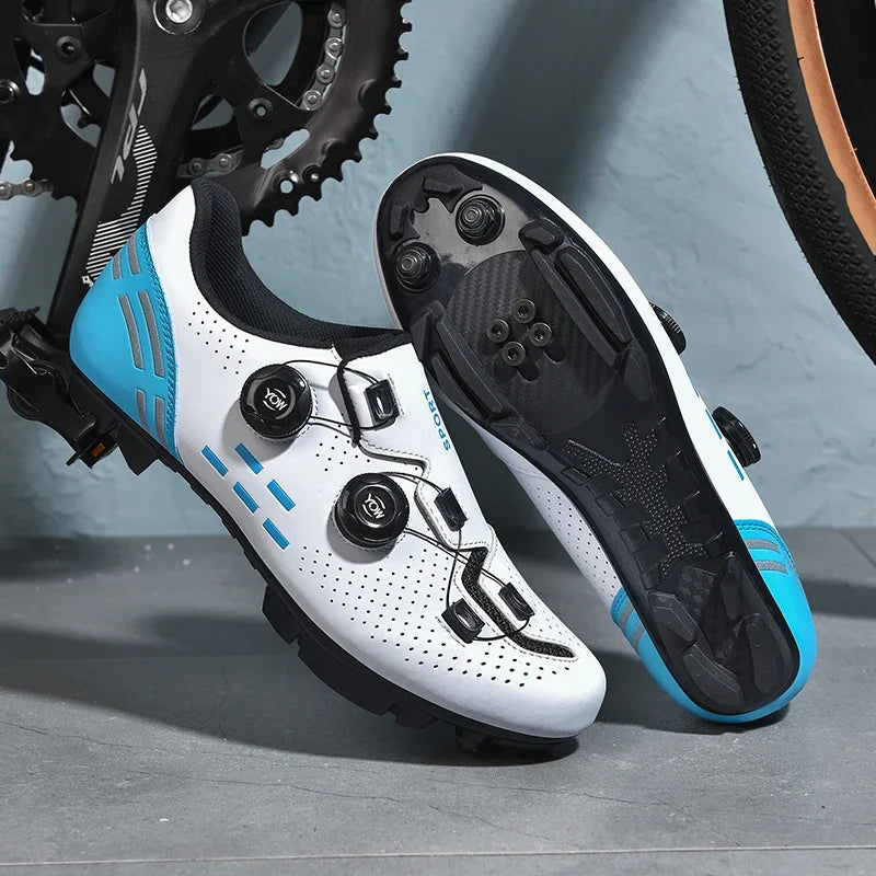 Dual-dial cycling shoe with perforated upper and non-slip sole for road and mountain biking