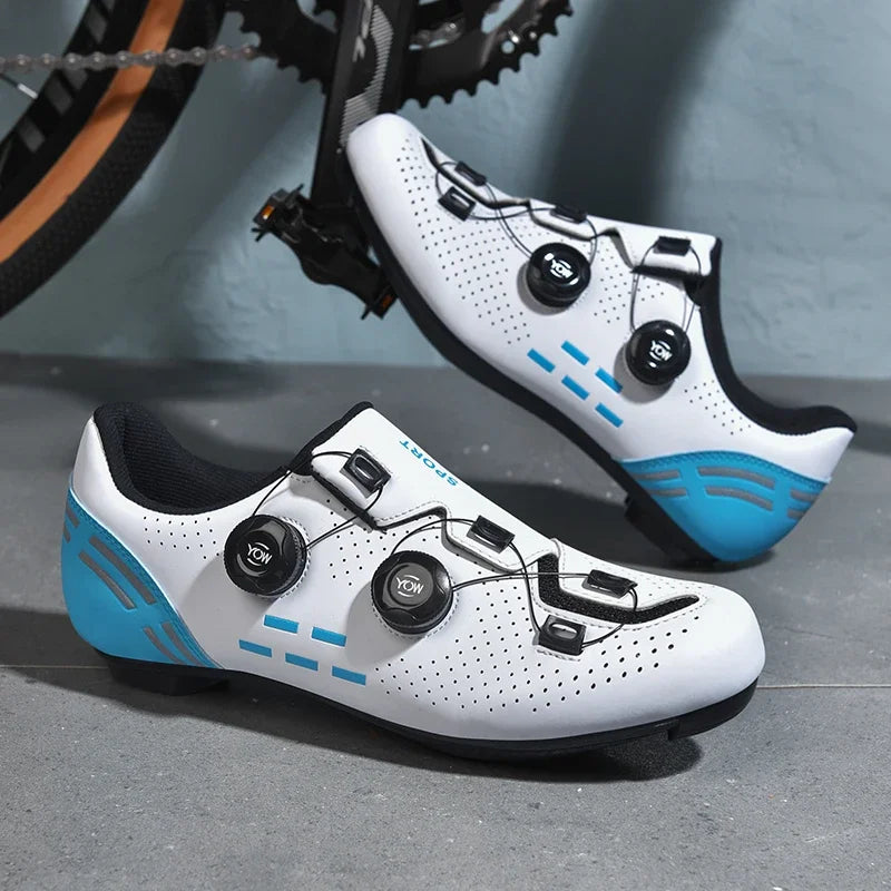 Dual-dial cycling shoe with perforated upper and non-slip sole for road and mountain biking