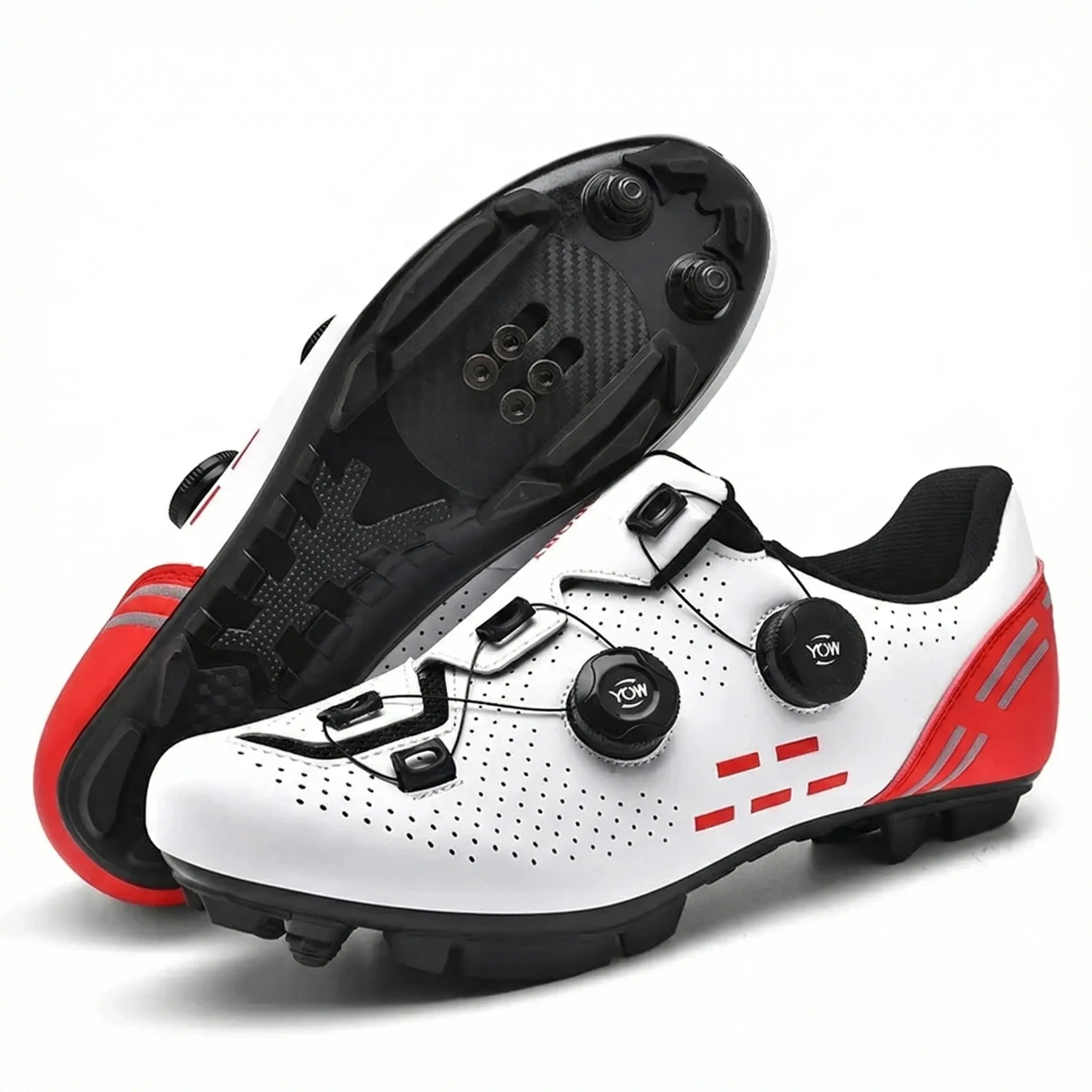 Dual-dial cycling shoe with perforated upper and non-slip sole for road and mountain biking