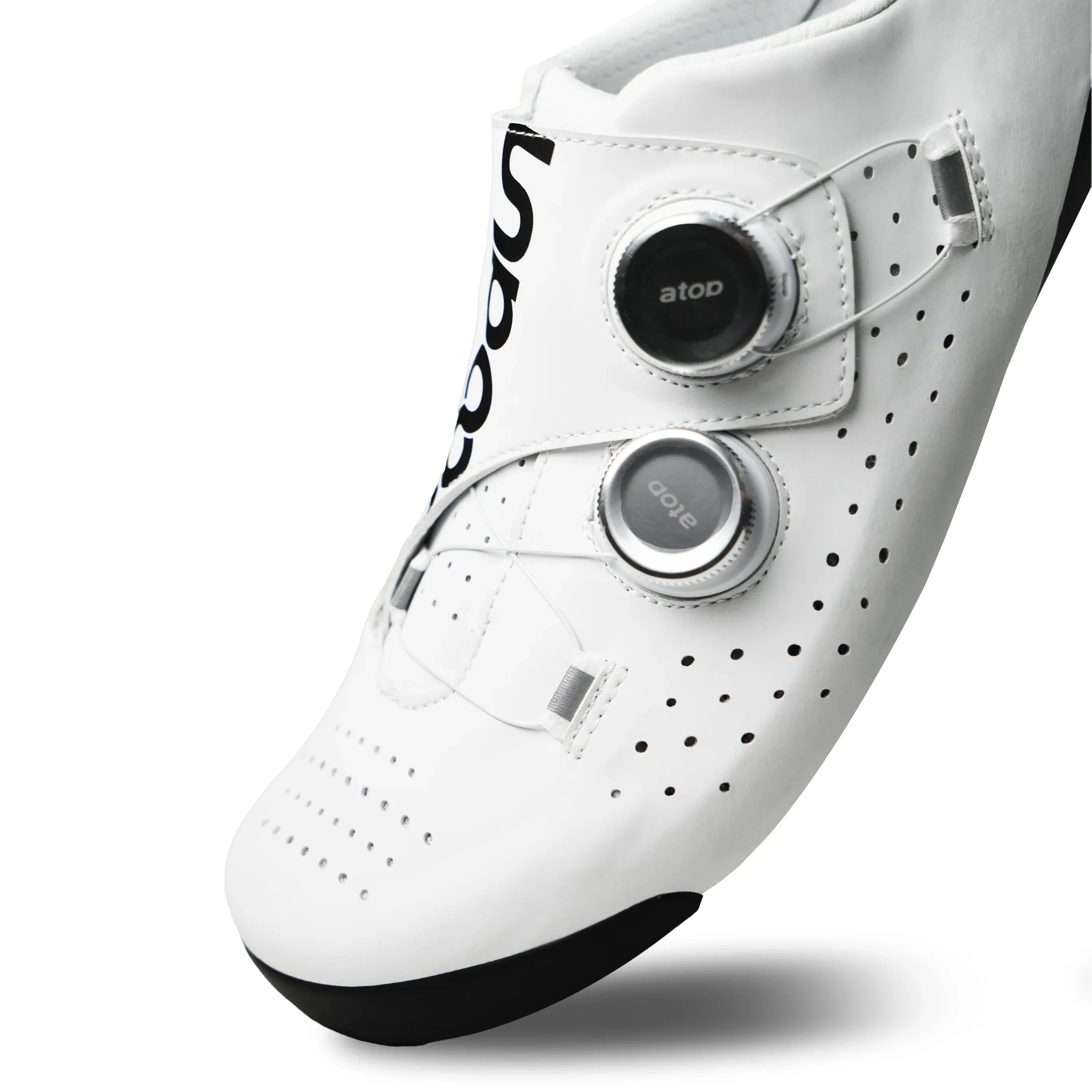 Lightweight road cycling shoes with rigid sole and perforated upper