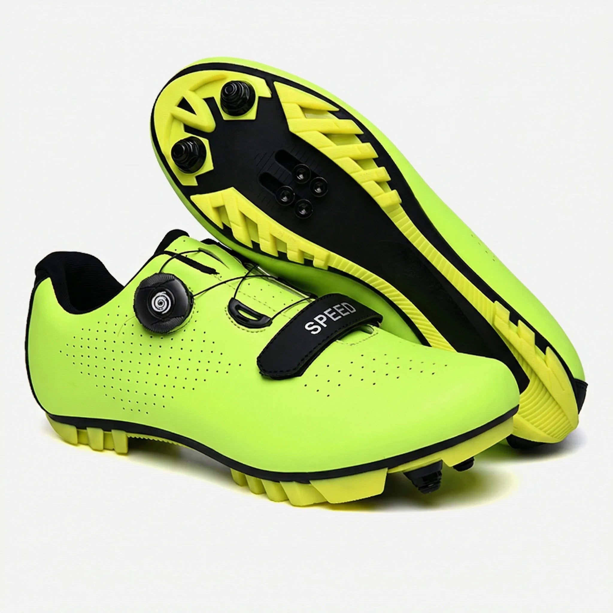 Mountain bike cycling shoe with self-locking cleat, rotary dial closure, breathable upper